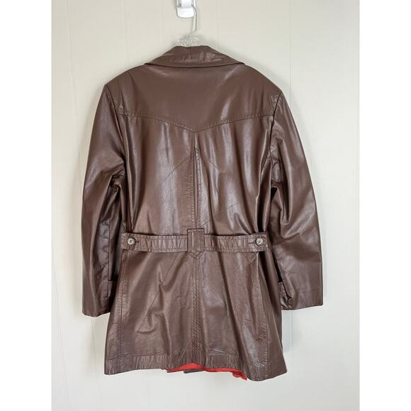 Vintage 60s 70s Brown Leather Short Trench Coat Jacket Belted XL Made in USA - Picture 10 of 16